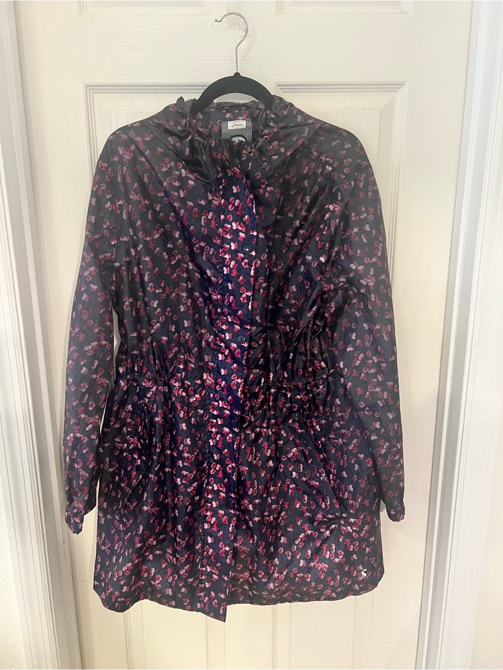 Joules Waterproof Lightweight Navy Hooded Raincoat with Pink Floral Print Sz 18
